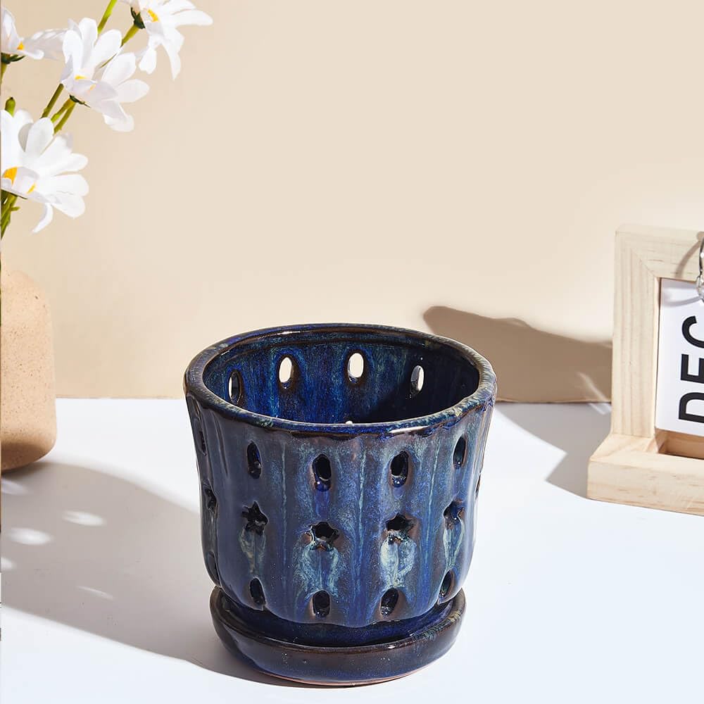 NiSevenLiving Orchid Pots with Holes Attached Saucers 5 Inches - 2 Pcs Small Ceramic Pots for Repotting, Decorative Ceramic Orchid Planter with Hole for Healthy Root Growth (White and Blue)