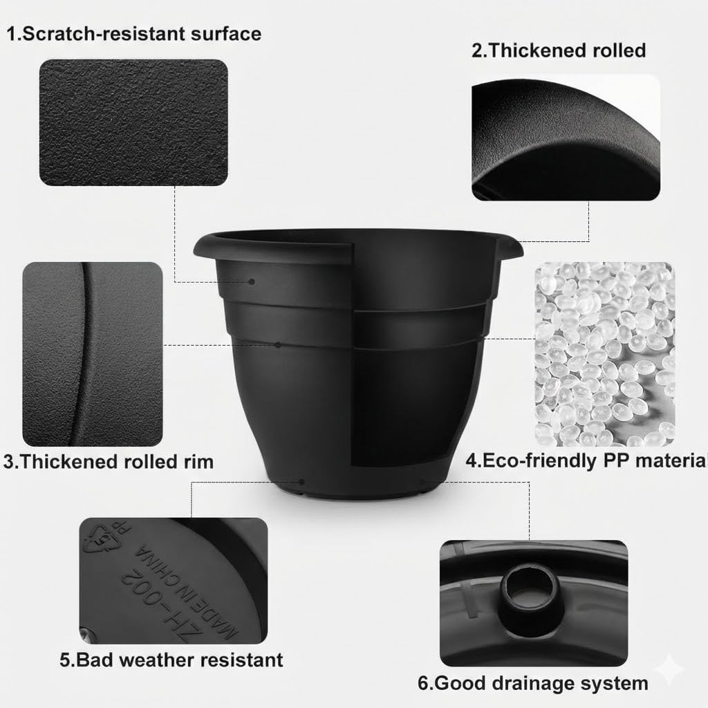 RooTrimmer 16 Inch Plant Pots Indoor Outdoor,6 Pack Black Plastic Planters with Drainage Holes,Large Lightweight Flower Pots for Indoor Outdoor Plants,Patio Garden Containers