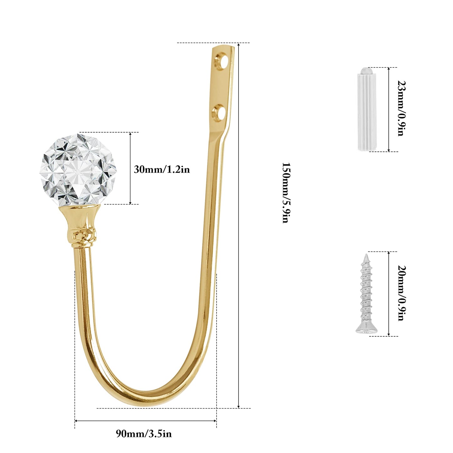 Curtain Holdback, 2pcs Wall Mounted Drapery Tiebacks with Clear Crystal Ball, Heavy Duty Metal Decorative Window Drapery Curtain Holder Curtain Hooks with Screws, Sliver
