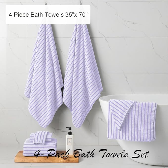 4 Pcs Light Purple Cabana Stripe Large Bath Towels 35"x70" Oversized Bath Sheet