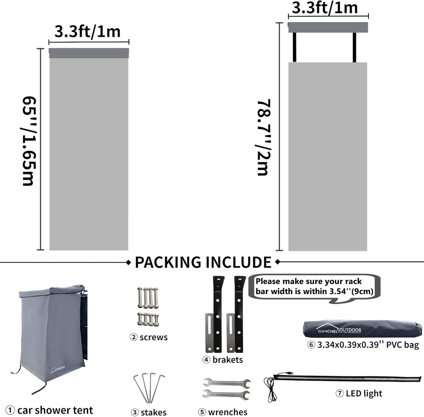DANCHEL OUTDOOR Car Side Shower Awning with Roof, 3.3x3.3ft Portable Roof Rack Vehicle Shower Privacy Tent Shelter Enclosure Overland Camping Changing Room Bathroom w/LED Light, Gray