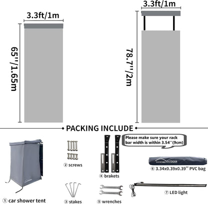 DANCHEL OUTDOOR Car Side Shower Awning with Roof, 3.3x3.3ft Portable Roof Rack Vehicle Shower Privacy Tent Shelter Enclosure Overland Camping Changing Room Bathroom w/LED Light, Gray
