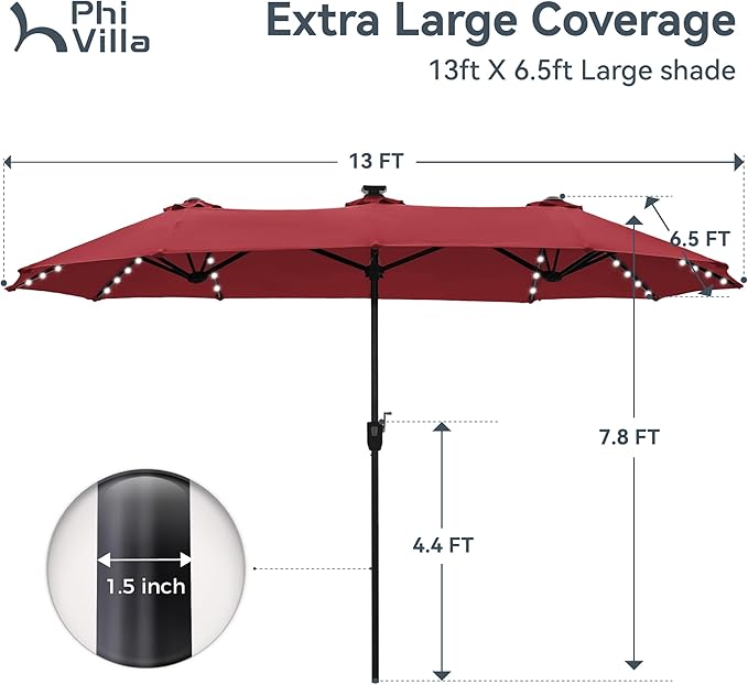PHI VILLA 13ft Patio Umbrella with Solar-Powered 120 PCS LED Color-Changing Lights, Triple-Head Large Rectangle Umbrella Outdoor Patio for Table with Crank Lift,Dark Red(No Base)