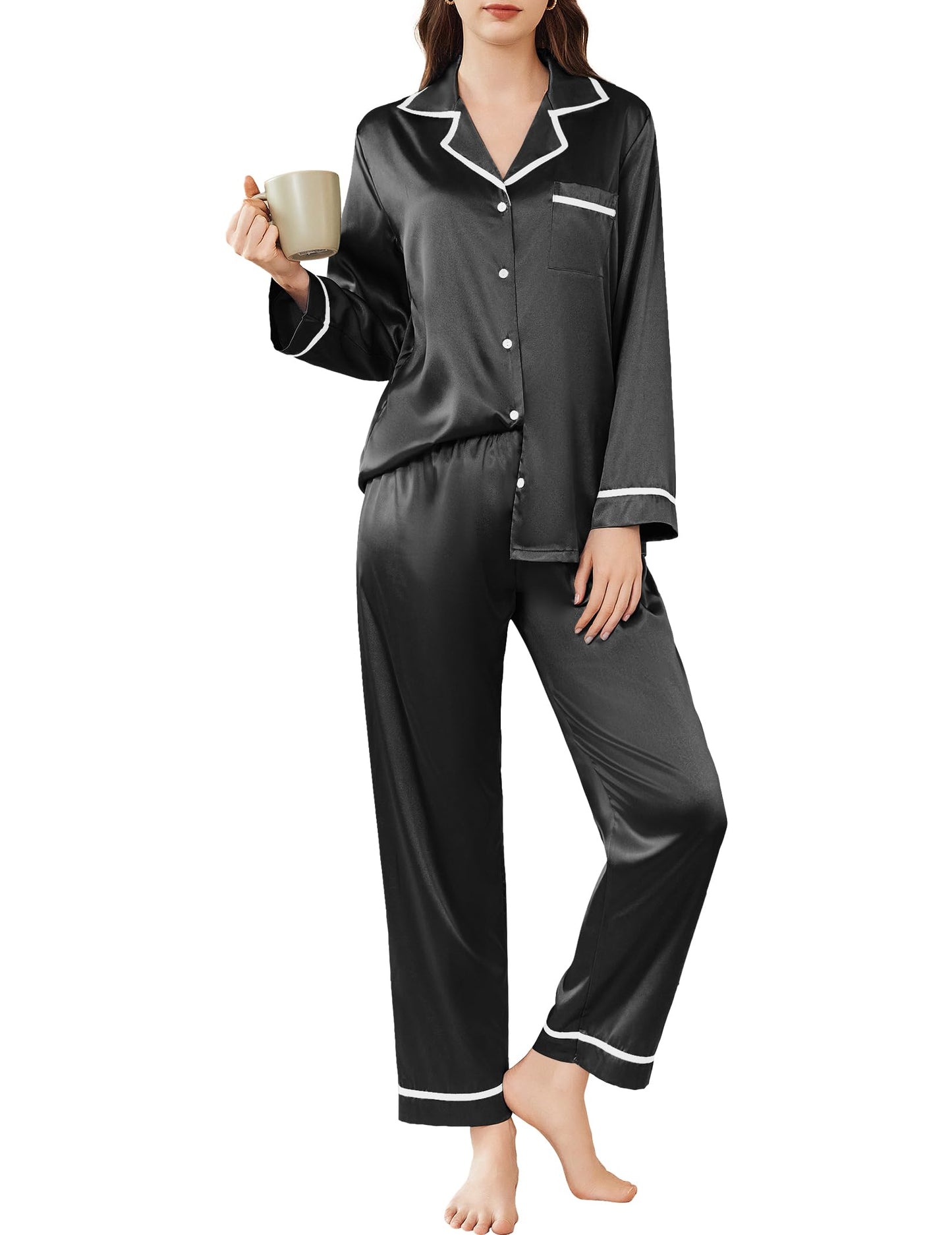 Ekouaer Satin Pajamas Set for Women Long Sleeve Pants Pj 2 Piece Lounge Set
