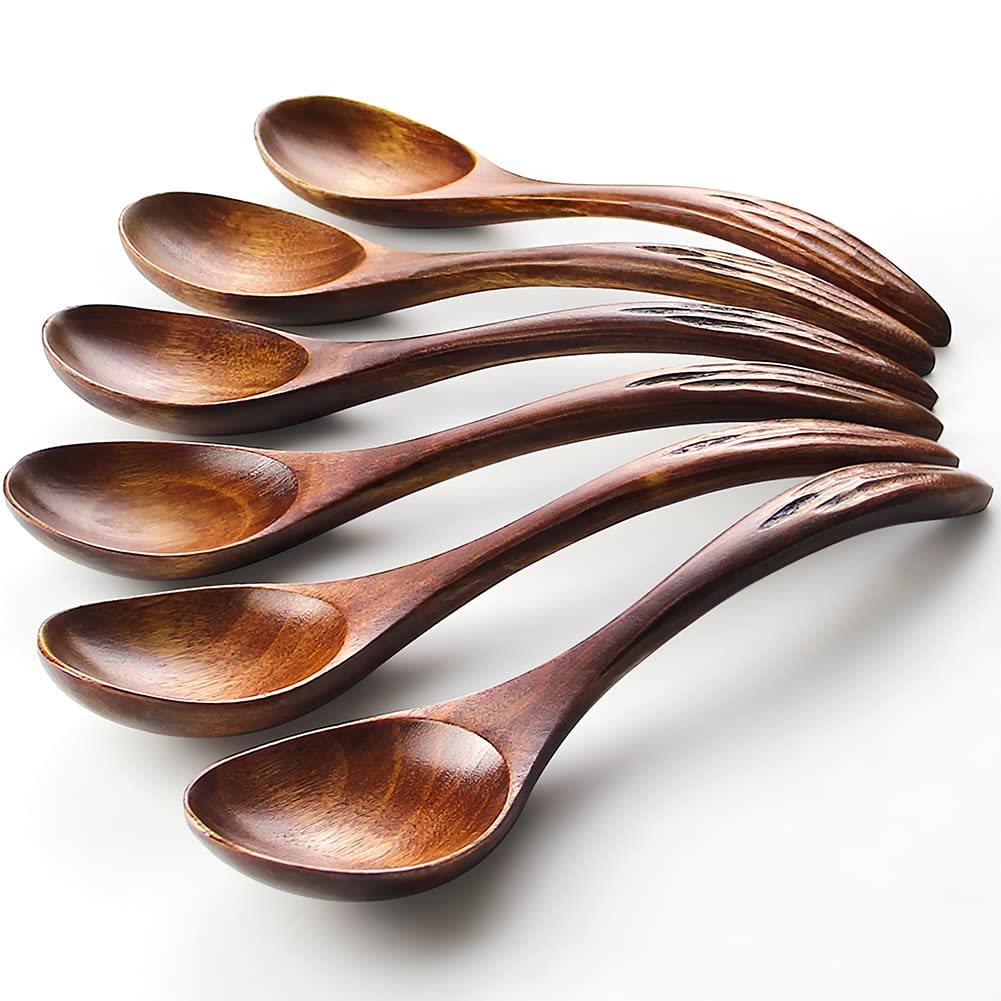 IQCWOOD Wooden Soup Spoons, Magic Wooden Spoons for Eating, 6 Pieces 6.8 inch Asian Soup Spoon for Salad Desserts, Coffee, Snacks, Cereal, and Fruit