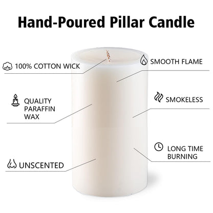 Unscented White Pillar Candles, 6 Packs, Long Clean Burning Pillar Candle for Emergency, Dripless and Smokeless Classic White Candle for Dinnig Table, Home Decor, Church, Christmas, 2.8x4 Inch
