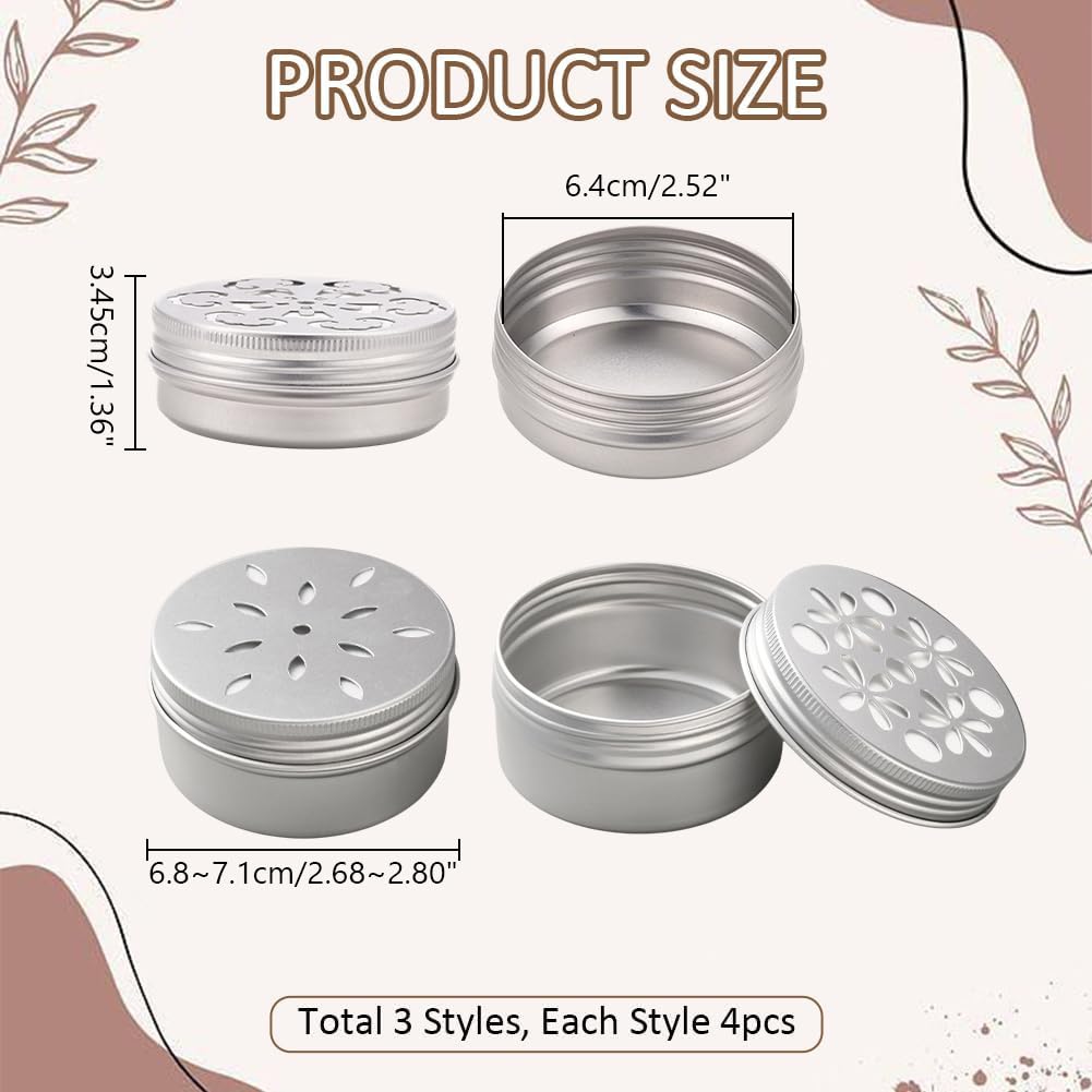 PH PandaHall 12pcs Air Freshener Tins 3 Style Scent Beads Container 2 Ounce Aluminium Metal Container Empty Storage Tins with Hollow Lids for Aromatherapy Air Freshener Travel Storage 2.68x1.36 inch