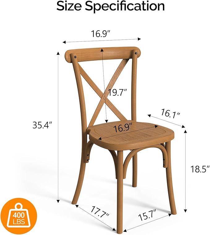 VINGLI Plastic Outdoor Dining Chairs Set of 4, Stackable Patio Farmhouse Brown Dining Chairs with X Back, Waterproof Kitchen & Dining Room Chairs for Indoor-Outdoor, Capacity 400 lbs
