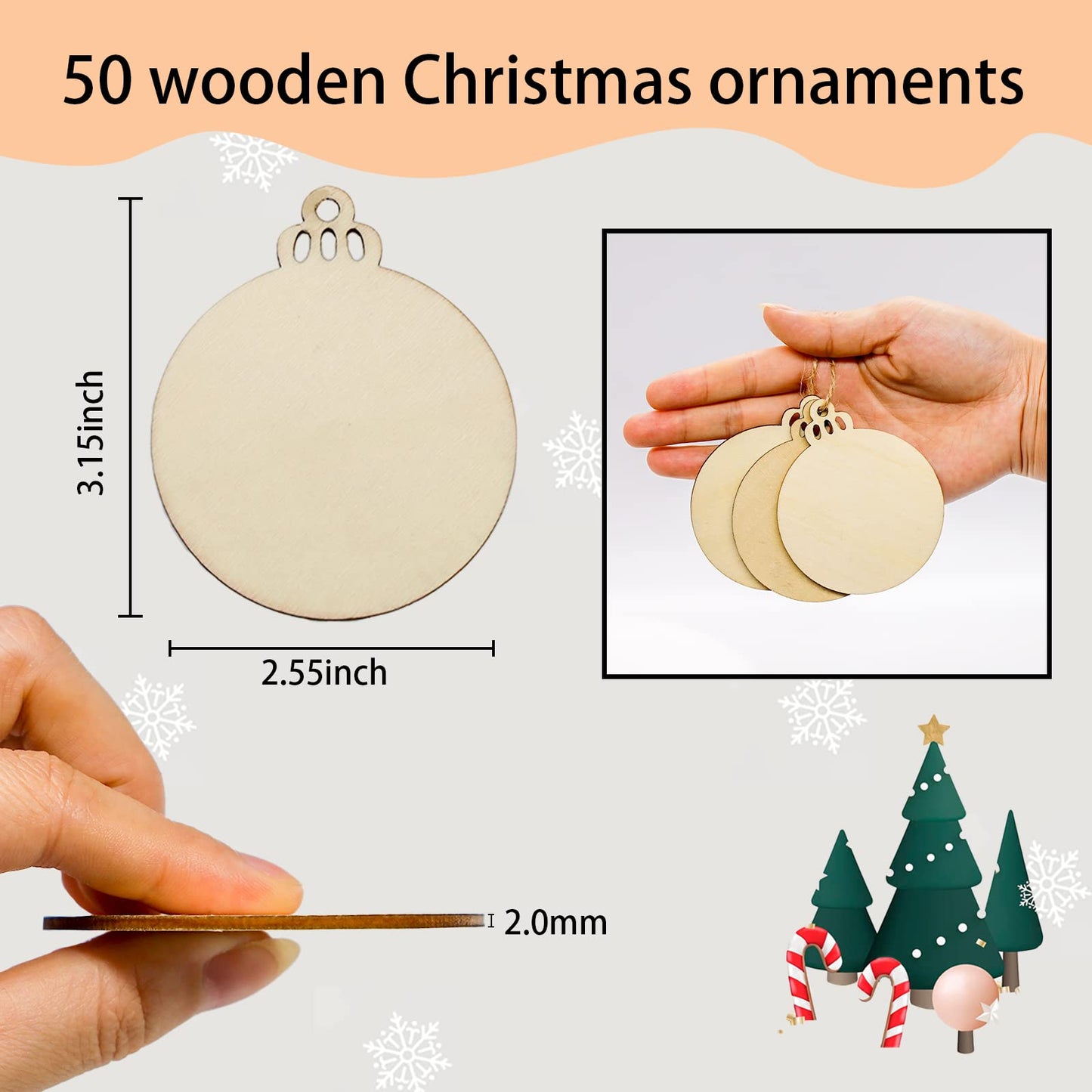 LEBERY 50Pcs Wooden Christmas Ornaments Unfinished Natural Wood Cutouts Ornament Predrilled Wooden Christmas Cutouts for Crafts to Paint DIY Centerpieces Hanging Decorations