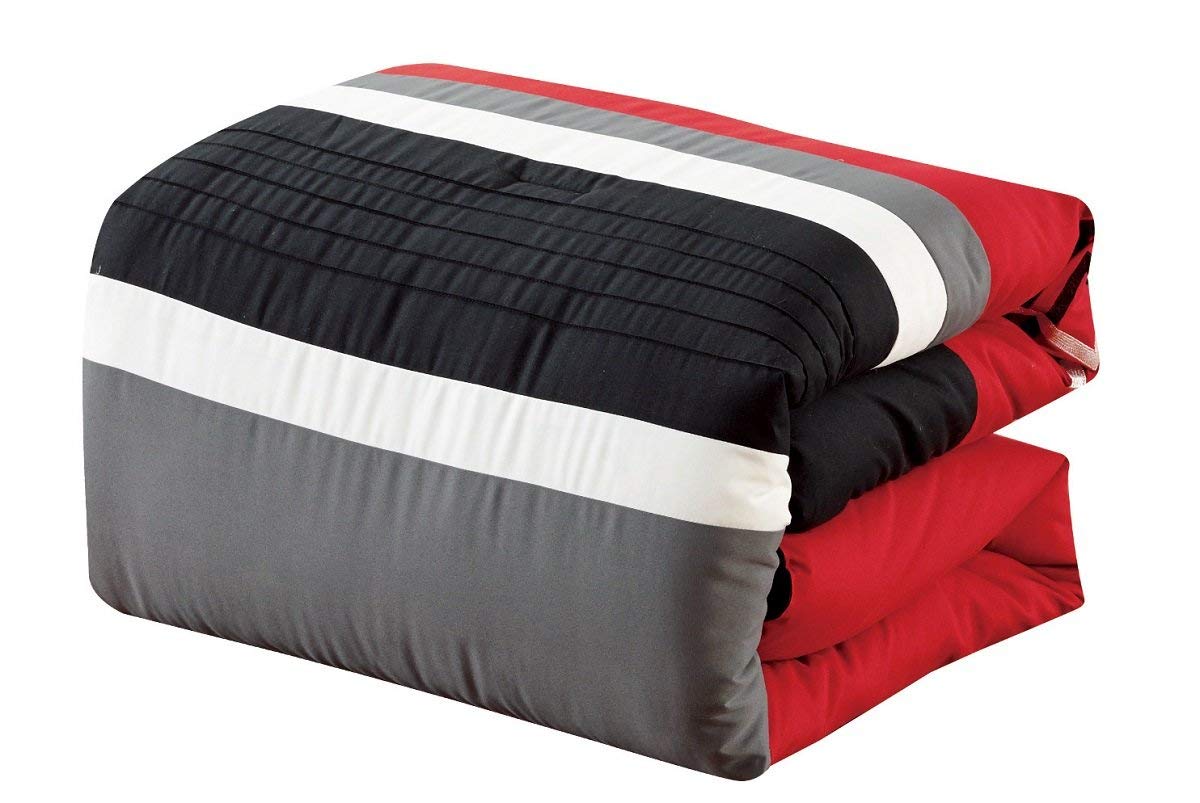 Chezmoi Collection Arden 7-Piece Modern Pleated Stripe Embroidered Zigzag Bedding Comforter Set (Queen, Red/Black/Gray/Off-White)