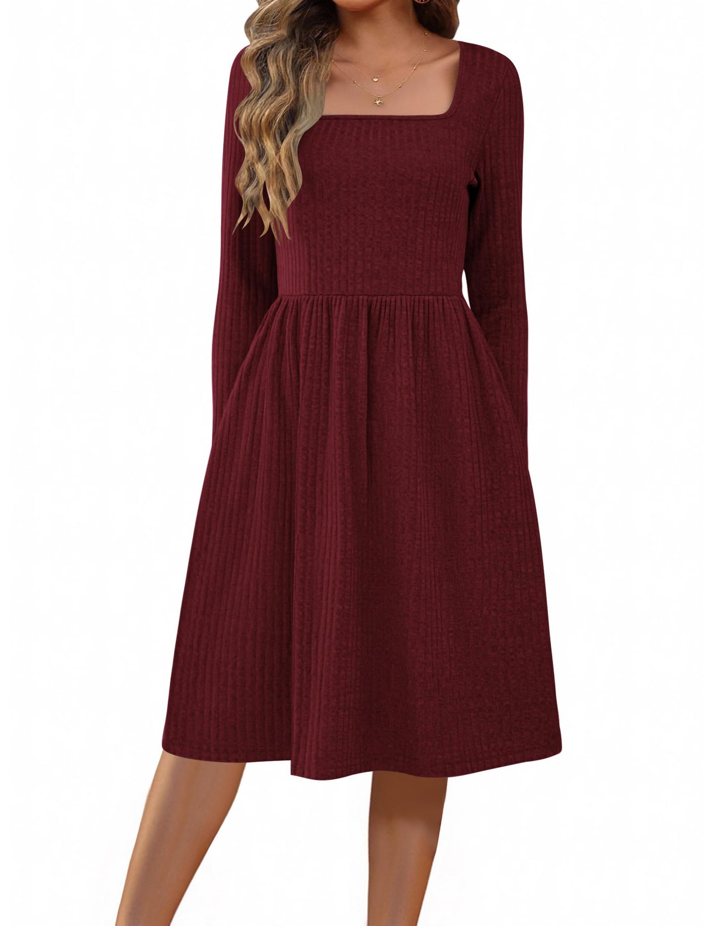 Zeagoo Women's 2025 Fall Dresses Long Sleeve Dress Casual Knit Sweater Dresses Square Neck A Line Dress Wine Red M