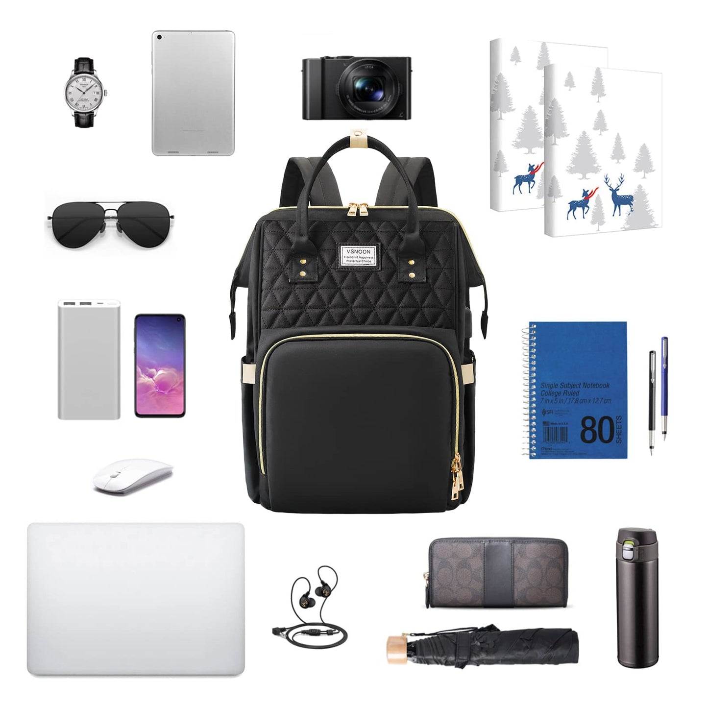 VSNOON Laptop Backpack for Women,15.6 Inch Stylish Laptop Rucksack Wide Open, Travel Backpack with USB Charging Port, Water Resistant Work Bag Computer Backpack for Women, Black