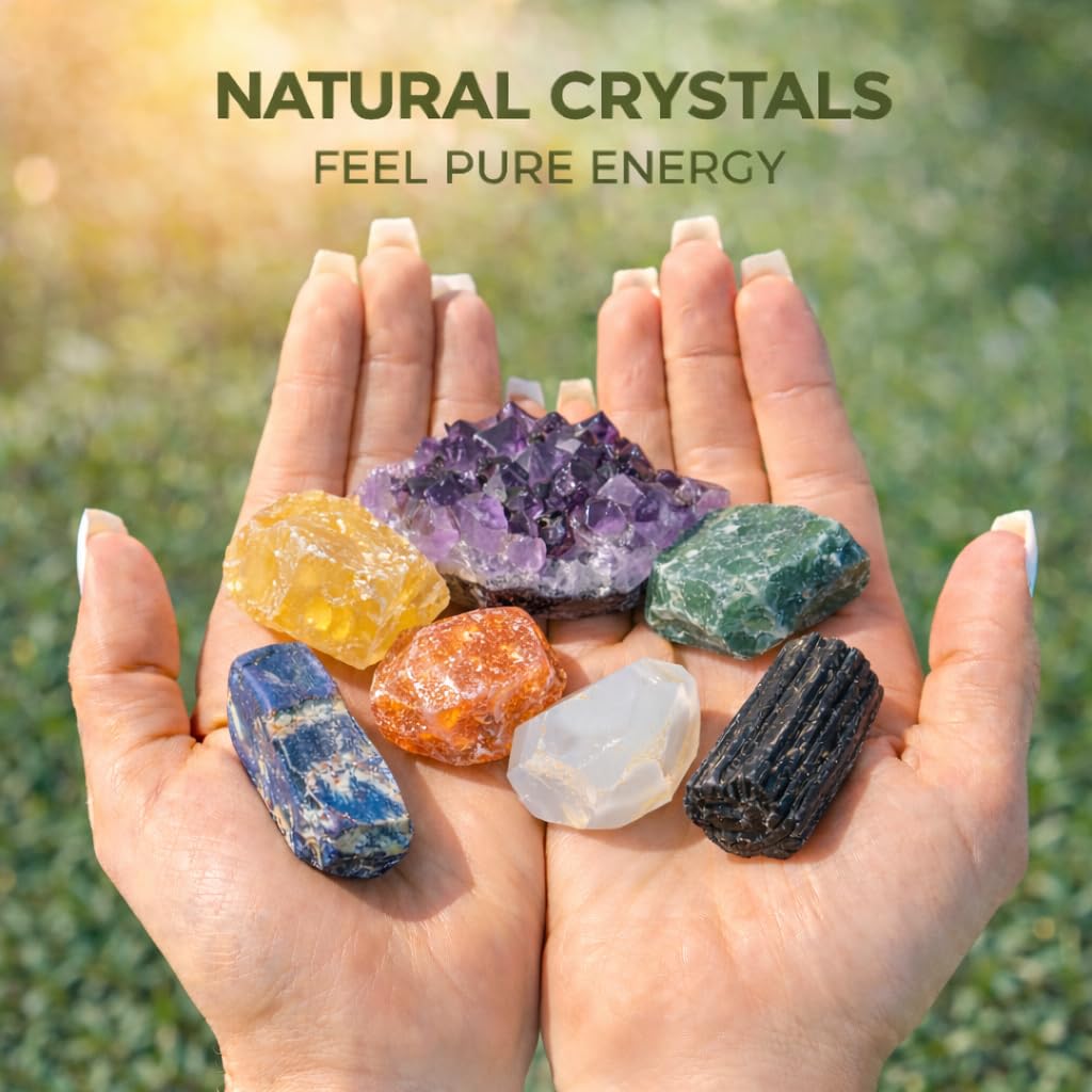 MYDAYS&DESIGN 7 Chakra Crystals Set for Meditation, Yoga Decor Gift with Amethyst Cluster, Lapis Lazuli, Green Aventurine, Citrine, Sunstone, Black Tourmaline, Crafted Box and Guide Book
