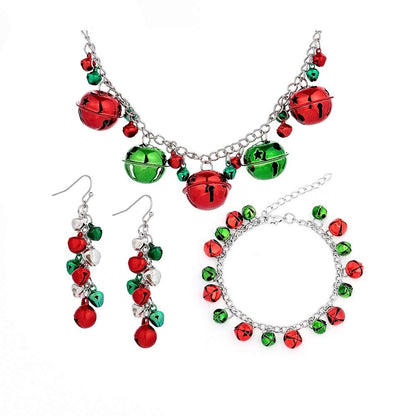 NewZenro Silver Red Green Christmas Jingle Bell Cute Ornament Long Chain Dangle Earrings Bracelets Necklaces for Women Hook Stocking Stuffers Hypoallergenic Party Jewelry Gifts for Daughter BFF Set