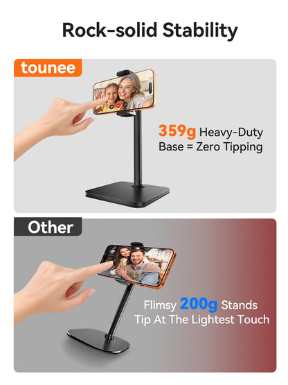 tounee Phone Stand for Desk, 8-11" Height Adjustable Cell Phone Holder for Live Streaming, Video Recording, TikTok – Compatible with iPhone 17/16/15, Samsung, All 4-7" Smartphones -Black