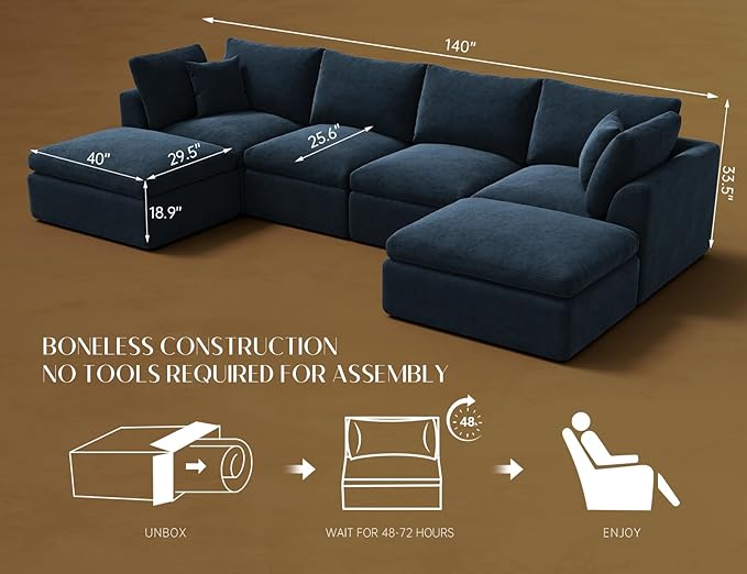 ohllob 140" U Shaped Couch, Cloud Sectional Couches