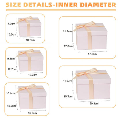 5 Pack Large Square Nesting Gift Boxes with Lids for Presents, 4"-8" Pink Stacking Gift Box with Ribbon Card for Wedding Birthday Party Valentine Christmas