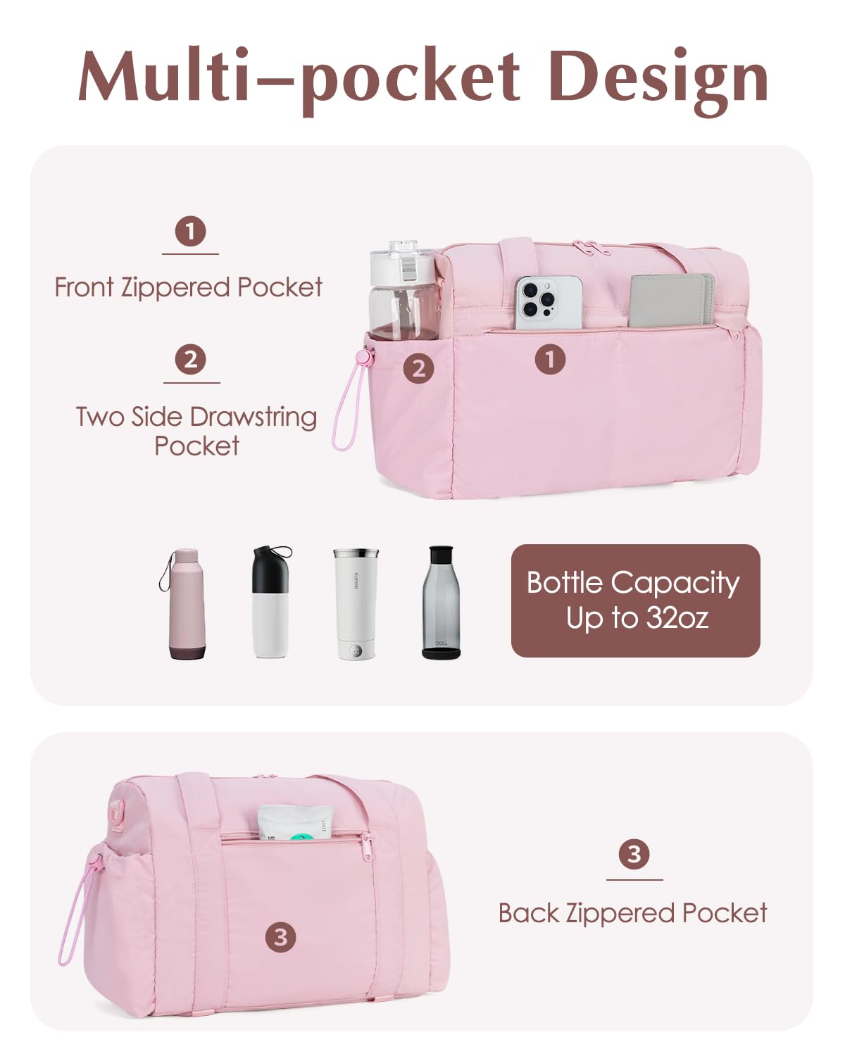 Small Gym Bag, Mini Gym Bag for Women with Yoga Mat Holder and Wet Compartment, Cute Mini Puffer Duffle Bag with Water Bottle Pocket for Workout Yoga Dance, Puffer Pink