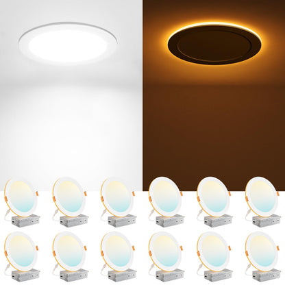 Amico 12 Pack 6 Inch 5CCT LED Recessed Ceiling Light with Night Light, 2700K/3000K/3500K/4000K/5000K Selectable Ultra-Thin Lighting, 12W=110W, 1100LM, Dimmable Canless Wafer Downlight ETL&FCC
