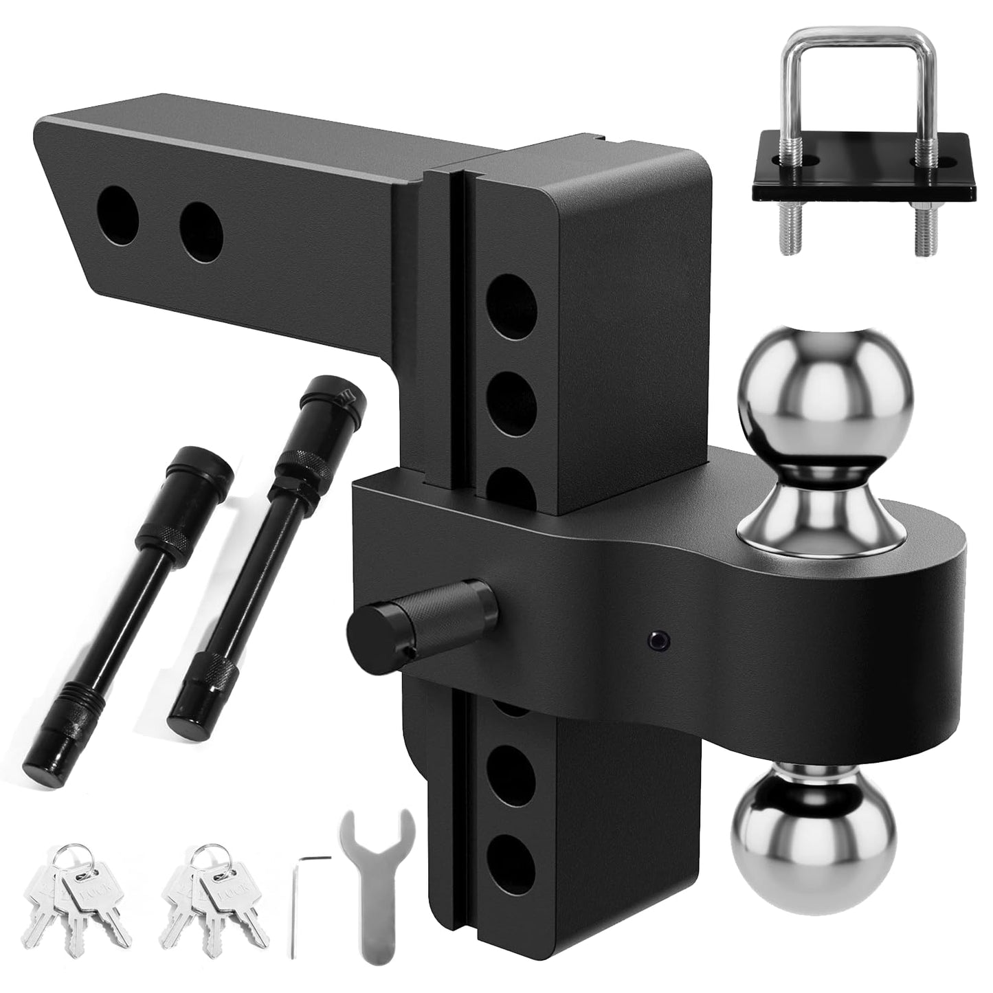 Heavy Duty Adjustable Trailer Hitch for 2" Receiver - 6" Drop & Rise, 12,500 lbs GTW, Class 3/4 Hitch for Trucks, with 3 Anti-Theft Locking Pins | Aluminum Drop Hitch