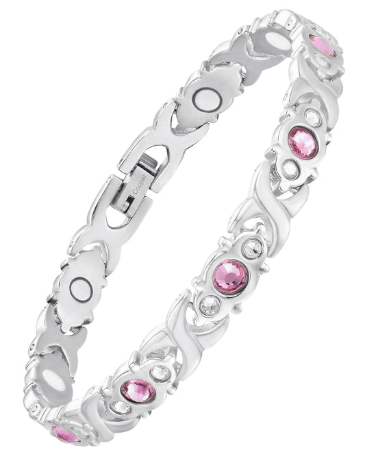 Feraco Pure Copper Bracelets for Women, 4 Elements Magnetic Bracelet with 3800 Gauss Neodymium Magnets & Dazzling Crystals, Adjustable Jewelry Gift (Silver)