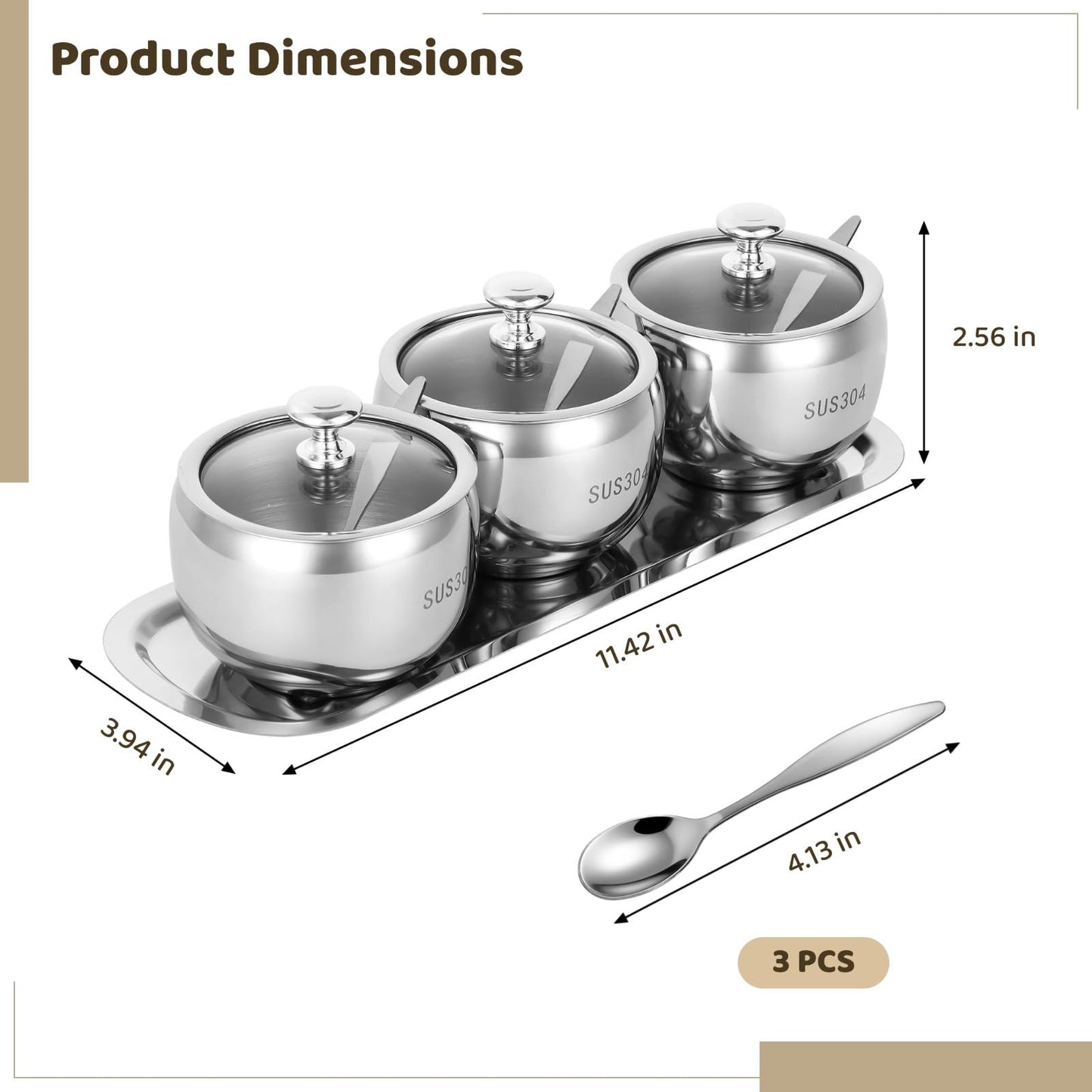COSYOO 3 Pcs 304 Stainless Steel Seasoning Container Set with Tray, Includes Spoon Lid for Each Jar, Spice Pots on Tray, Ideal for Home Kitchen Storage of Salt, Sugar, Pepper