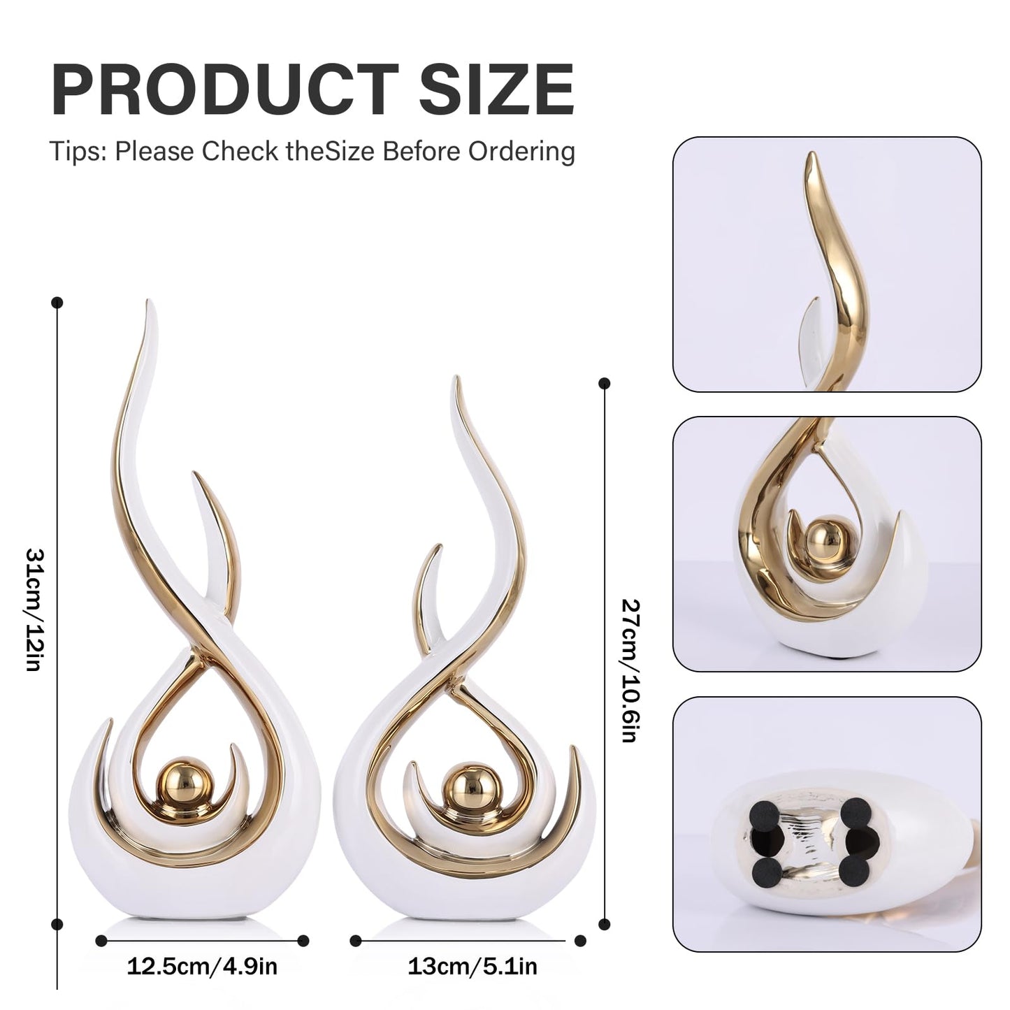 Ceramic Abstract 2 Piece Statue Set, White and Gold Home Decor Accents for Home Decor Statue Mantel Shelf Decor Unique Shelf Decor on Mantel, TV Cabinet Divider Table Top and Dining Table Centerpiece.