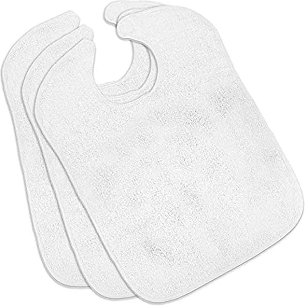Nobles Terry Adult Bibs (3-Pack, White, 18 x 30 Inches) with Velcro Closure Made from 100% Cotton - Absorbent Clothing Protector Bibs