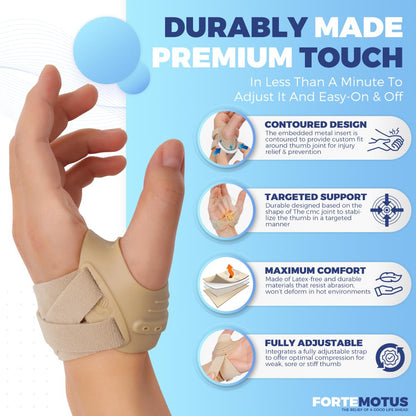FORTEMOTUS CMC Thumb Brace - CMC Joint Support Stabilizer: for Thumb Joint Pain, Tendonitis, Osteoarthritis, Instability, Lightweight & Adjustable Thumb Support Brace for Men Women Beige, Left Hand