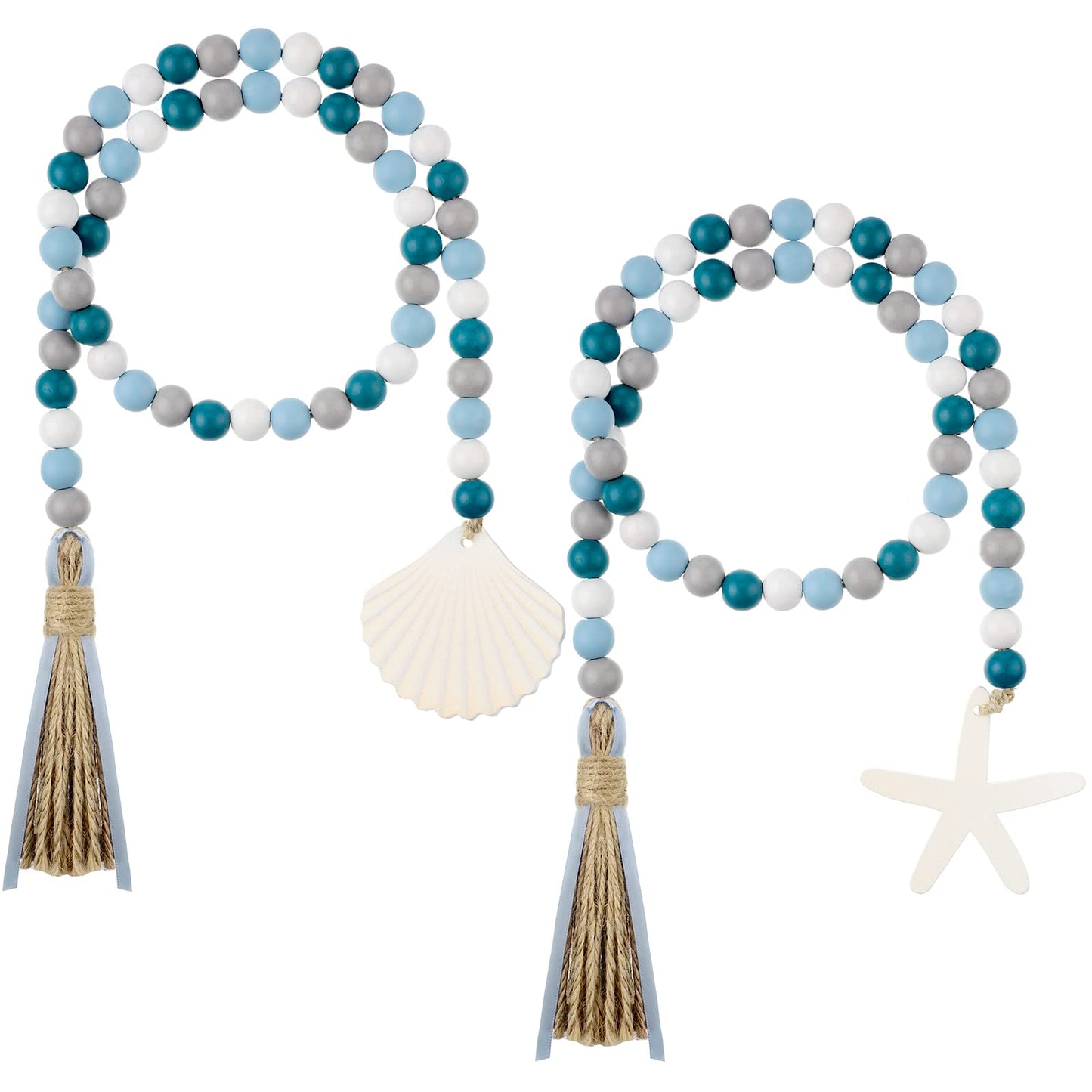 Janinka 2 Pcs Farmhouse Seashell Bead Garland with Tassels Decorative Beads Decor Nautical Farmhouse Tiered Tray Decorations Set Coastal Garland for Home and Kitchen, Wooden Beads(White)