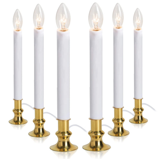 TUDAK Electric Christmas Window Candle Lamp - 6-Pack | Brass-Plated Base with LED Bulbs | Dusk-to-Dawn Auto Sensor | Turns On in Dark, Off in Light | Ready to Use!