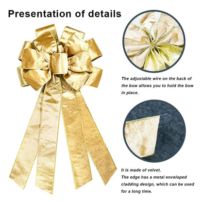 Hying Large Christmas Bow for Wreath, Champagne Velvet Bows for Front Door Wall Fence Decor, Gilt Edged Christmas Wreath Bow Tree Topper Bow for Winter Christmas Party Decoration Supplies