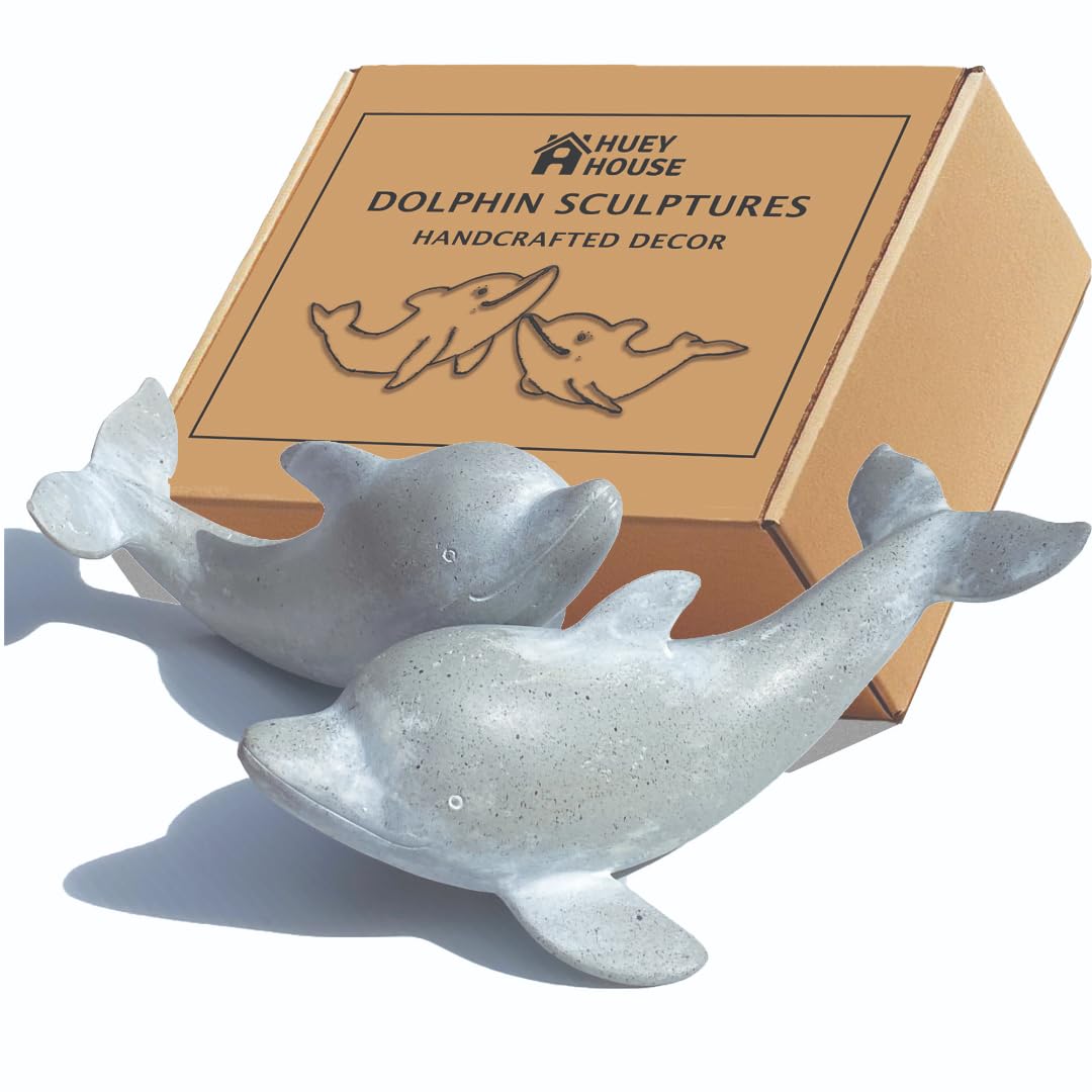 Huey House Dolphin Sculptures Set of 2, Gray Resin Coastal Shelf Decor