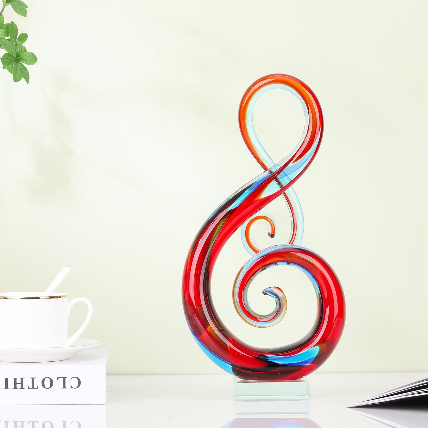 LCCCK 13" H Large Glass Sculpture Blue Hand Blown Glass Figurines Art Music Decor, Modern Red Glasses Decor Crystals Statue Knick Knacks- for Luxury Home Living Room Office Console Table Decoration
