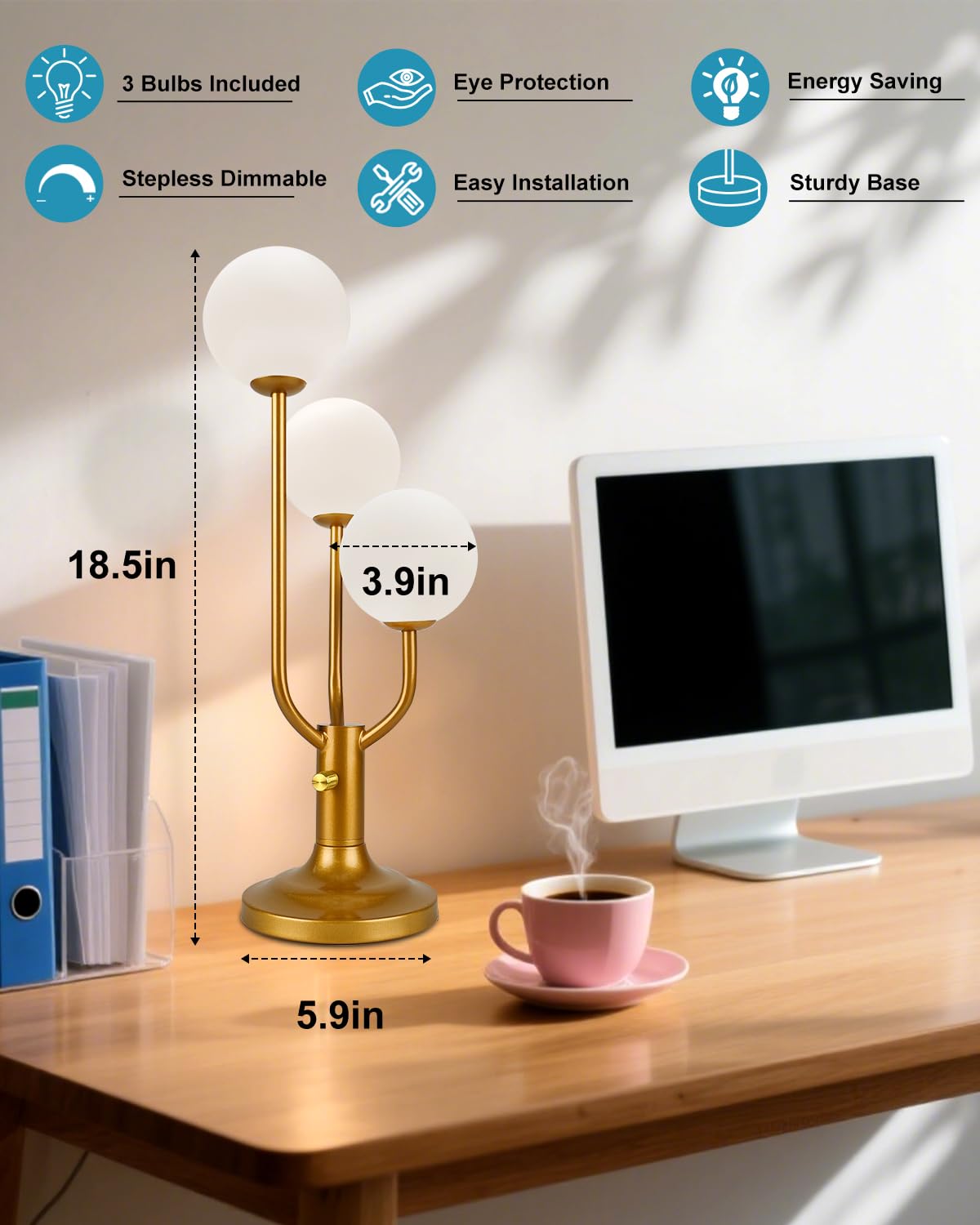 ACOHOOK Modern Gold Globe Table Lamp Dimmable Mid Century 3-Light Desk Lamp 3000K Warmwhite Nightstand Lamp for Bedroom Bedside End Table(G9 Bulb Included)