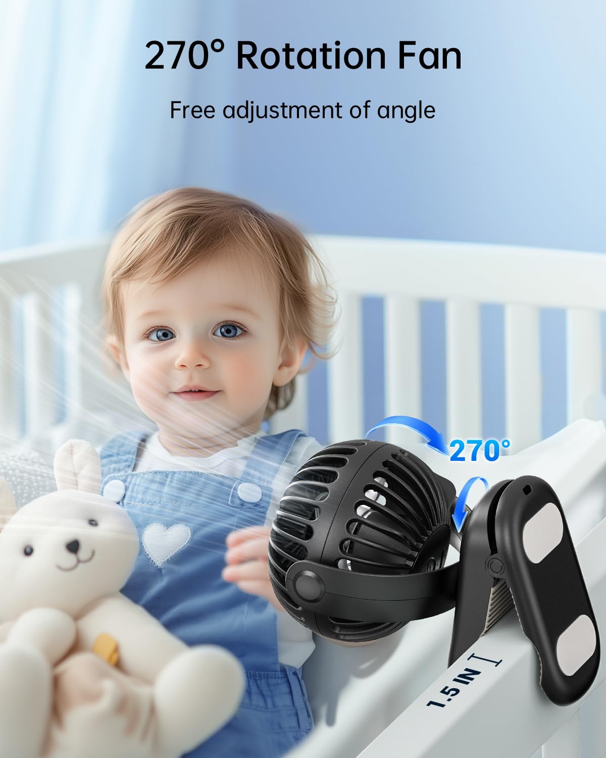 SWEETFULL Stroller Fan with Clip - Portable Rechargeable Mini Fan with Strong Clamp, 3 Speeds, 11Hrs Cooling, Cute Small Personal Desk Cooler for Bed Pet Carriers Umbrell Travel Outdoor - Black