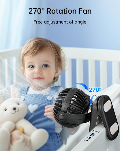 SWEETFULL Stroller Fan with Clip - Portable Rechargeable Mini Fan with Strong Clamp, 3 Speeds, 11Hrs Cooling, Cute Small Personal Desk Cooler for Bed Pet Carriers Umbrell Travel Outdoor - Black