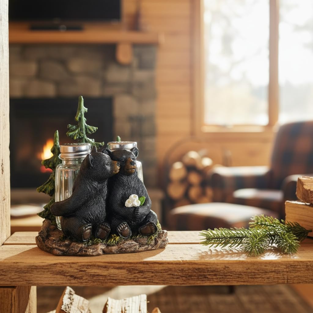Comfy Hour 5" Black Bear Salt and Pepper Shaker Duo (Empty Bottle Set Included), Decorative Lover Bears beside Pine Tree Figurine Holder, Rustic Lodge Cabin Style Tabletop Decor, 1 Unit