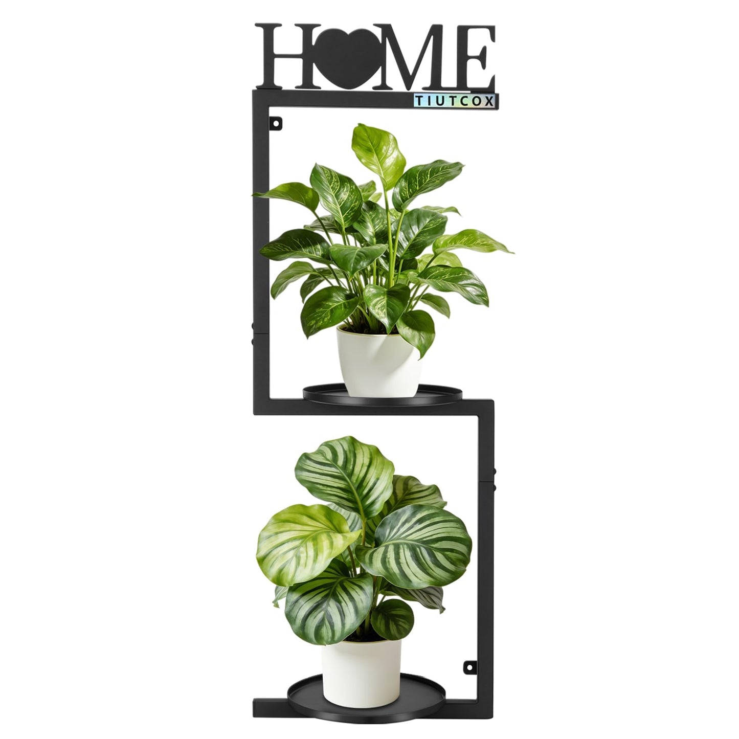 TIUTCOX Wall Plant Holder Metal, Plant Frames Wall Decor, Wall Plant Stands for Indoor&Outdoor with Letters HOME Decor, 2 Round Flower Pot Trays, 12*7.87*34.33 Inch, Black