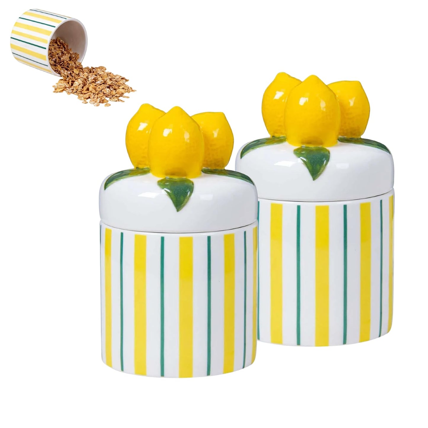 Iryanthos Cookie Jar with Airtight Lid, 16.2 fl oz Personalized Ceramic Food Storage Containers with Lemon-shaped Lid for Kitchen Countertop Decor, For Sugar Tea Coffee Spices Nut Honey - 2 pieces Set