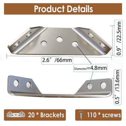 20-Pack Heavy Duty Stainless Steel L Brackets for Wood - 90° Corner Braces with Screws Included, for Furniture, Shelves, Cabinets & DIY Projects