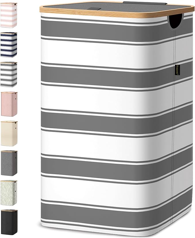BALEINE Laundry Hamper with Lid, Tall Laundry Baskets with Bamboo Pull Handles
