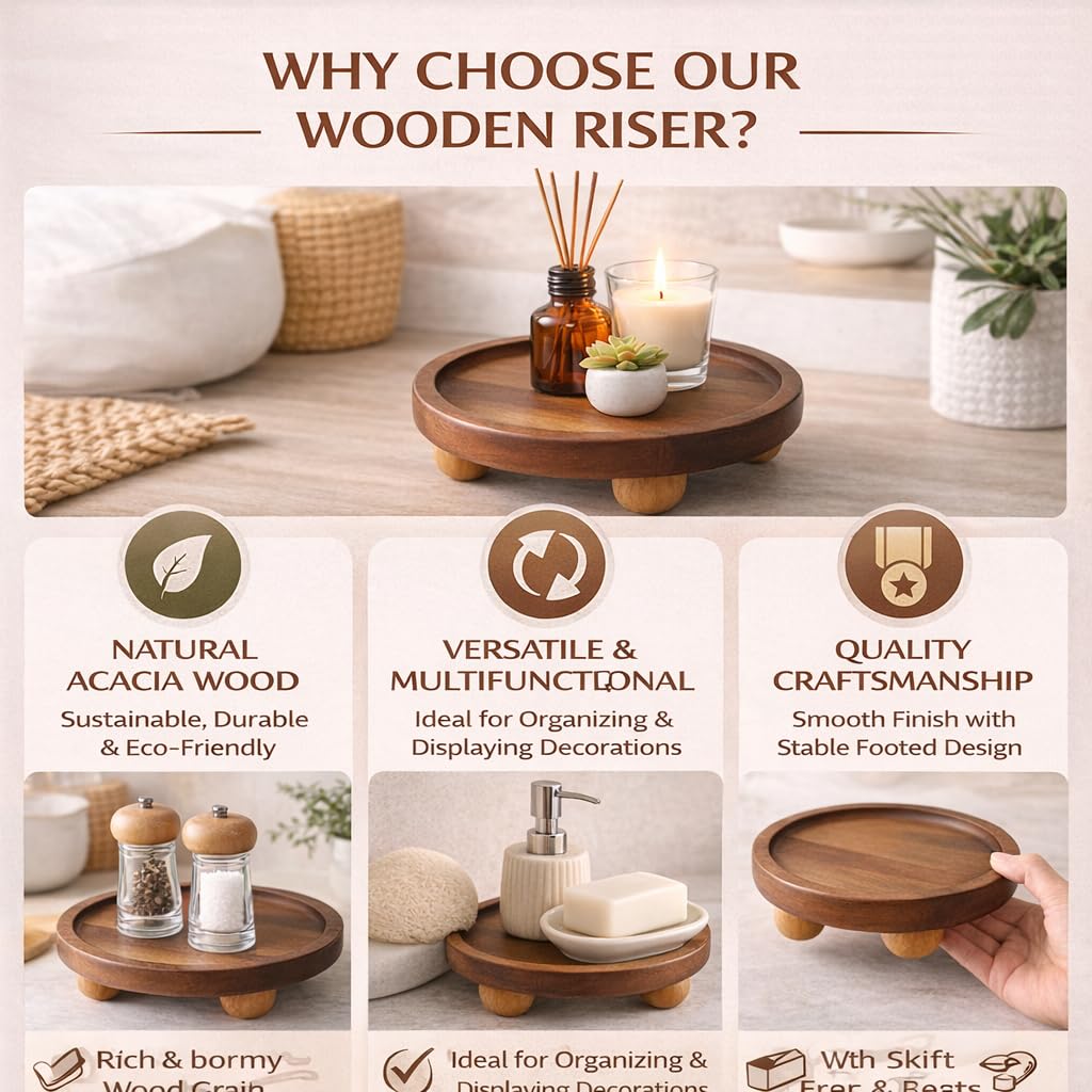 Wooden Riser for Display, 5 Inch Round Wood Riser Pedestal Stand, Small Round Wooden Tray & Wood Pedestal Tray, Elevated Tray for Candles Plants Bottles Vases, Farmhouse Tabletop Entry Table Centerpiece Decor