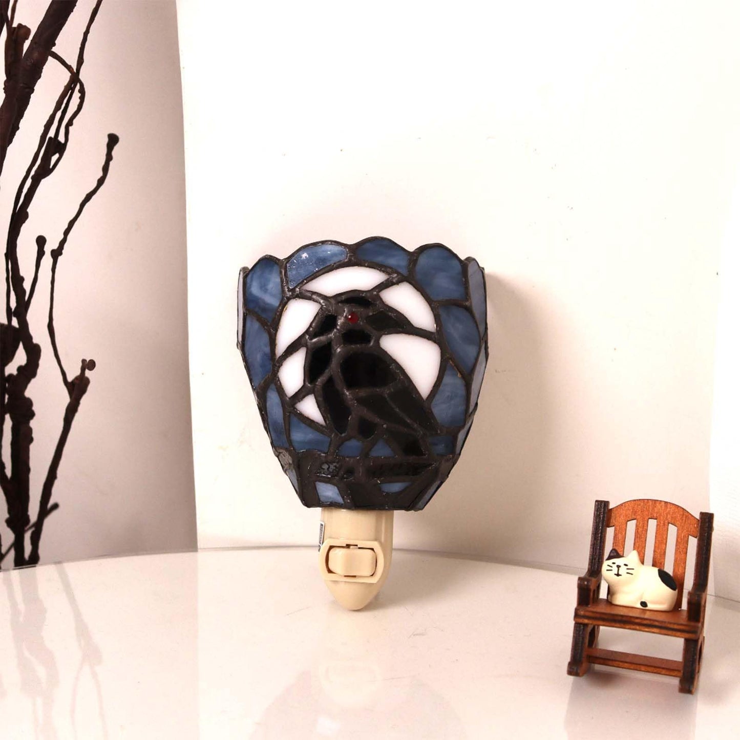 Bieye L12022 Tiffany Style Stained Glass Raven Plug-in Night Light Gothic Crow and Full Moon Design Bedside Wall Lamp