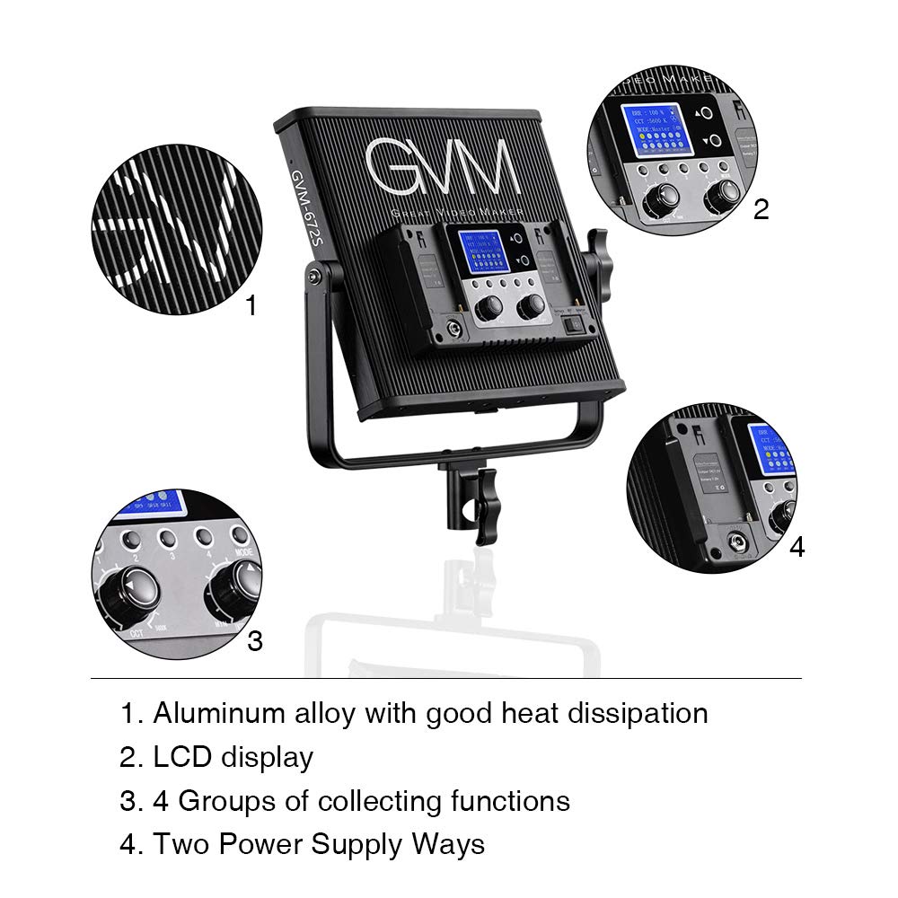LED Video Light GVM 672S CRI97+ TLCI97+ 22000lux Dimmable Bi-color 3200K-5600K Light Panel With Digital Display For Outdoor Interview Studio Video Making Photography Lighting 3 pcs Kit