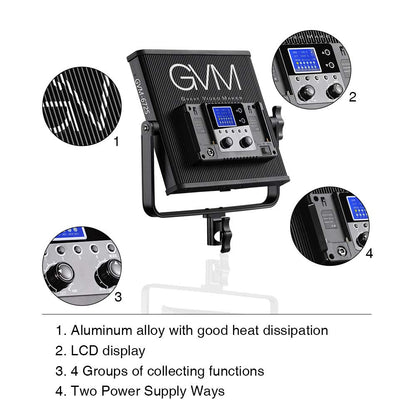 LED Video Light GVM 672S CRI97+ TLCI97+ 22000lux Dimmable Bi-color 3200K-5600K Light Panel With Digital Display For Outdoor Interview Studio Video Making Photography Lighting 3 pcs Kit