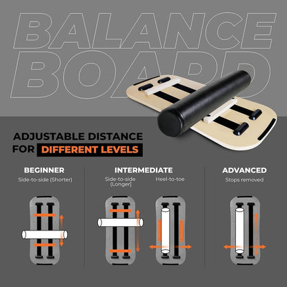 Balance Board Surf Trainer with Adjustable Stoppers - 2 Different Distance Options Balance Board for Surfing, Snowboarding, Skiing, Skateboarding, 300lbs Capacity (check)