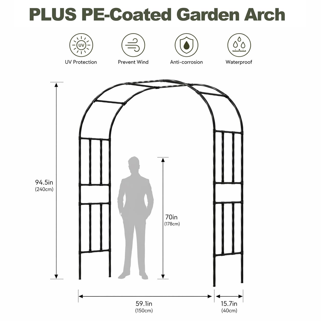 Carotex Garden Arch, 94.5’’x59.1’’ Arbor Trellis, Garden Arch Trellis for Climbing Plants Outdoor, Arbor for Flower, Climbing Vine Vegetable, Fruit and Lawn(Black)