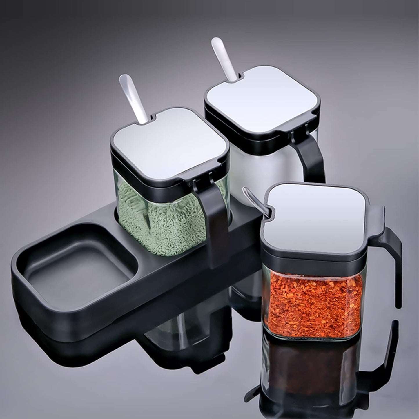 Clear Glass Condiment Canisters Pots, 8 oz Condiment Jar Spice Container with 304 Stainless Steel Lids and Spoons, Glass Seasoning Box Set of 3 Spice Jars Salt Container Sugar Bowl for Kitchen(Black)