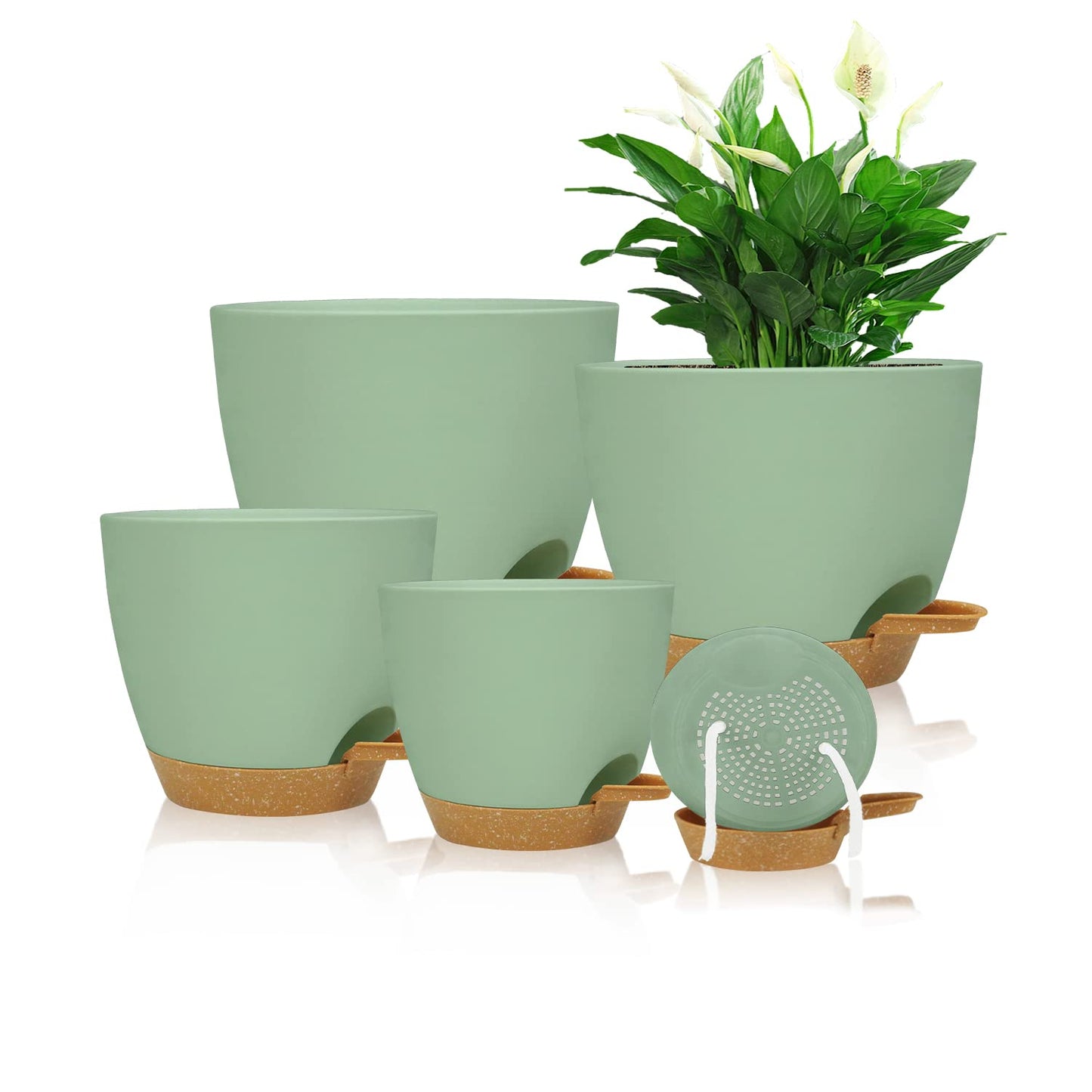 Self Watering Planters with Drainage Holes Reservoir,Nursery Planting Pot for Indoor Decor Garden Plants Succulents,Snake Plant, African Violet,Plastic Flower Pots Set 7+6.5+6+5.5+5 Inch (Green)